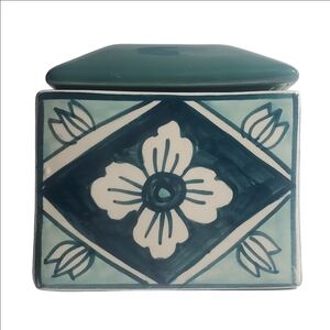 Hand Painted Artistic Ceramic Floral Trinket  Box - Green and White